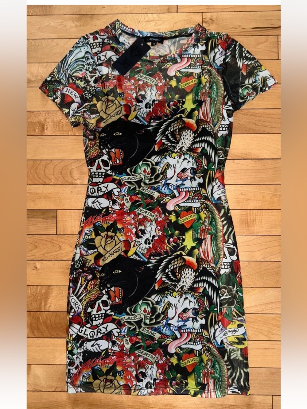 NEW ! NWT ED HARDY Y2K Tattoo Mesh Bodycon Mini Dress Black Multi Size S